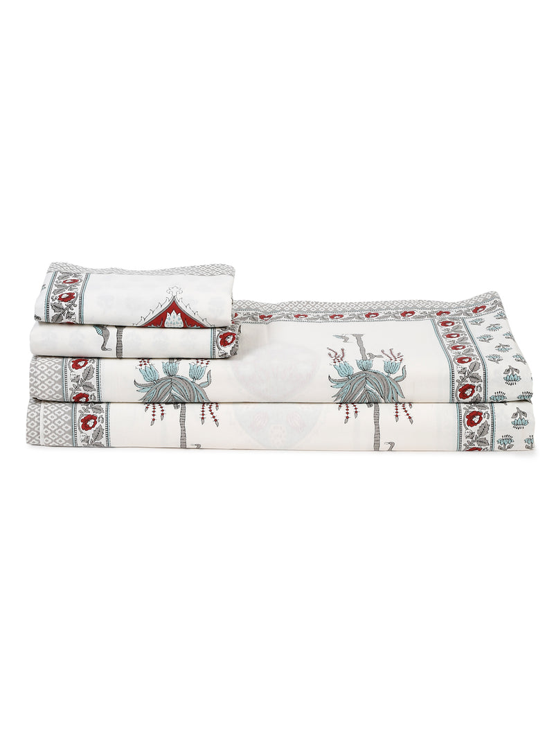 White and Turquoise Cotton Jaipur Print Floral King Size Bedsheet with 2 Pillow Covers