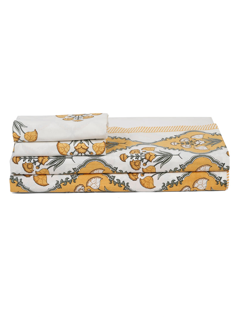 White and Yellow Cotton Jaipur Print Floral King Size Bedsheet with 2 Pillow Covers