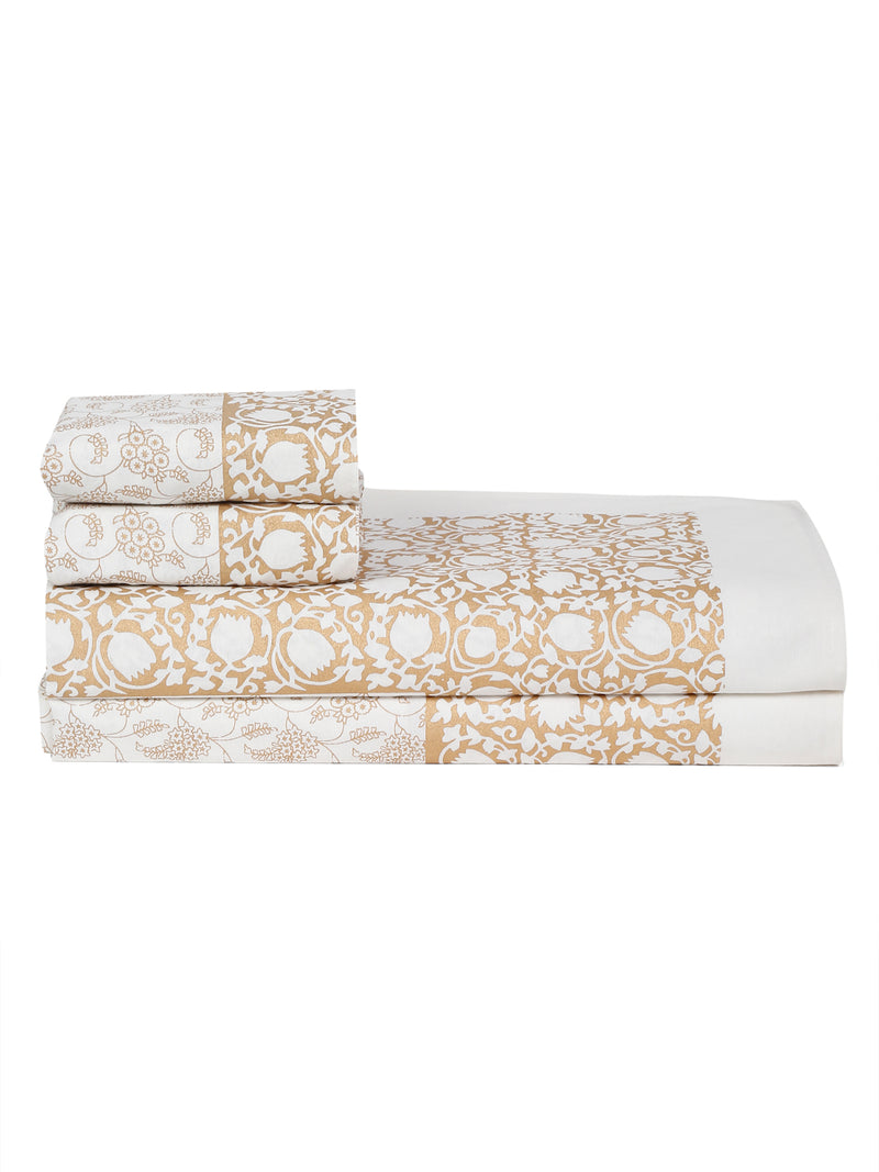 Rajasthan Decor White and Gold Cotton Floral Print King Bed sheet with 2 Pillow Covers