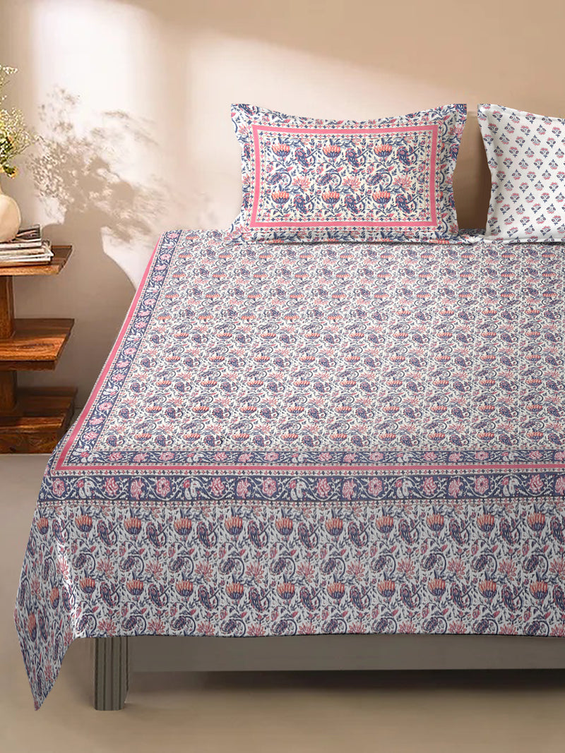 Multi Cotton Floral Print King Bed sheet with 2 Pillow Covers