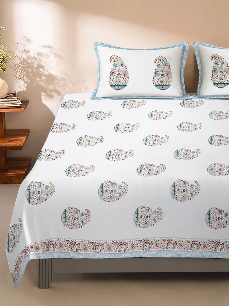 White Cotton Paisley Print King Bed sheet with 2 Pillow Covers