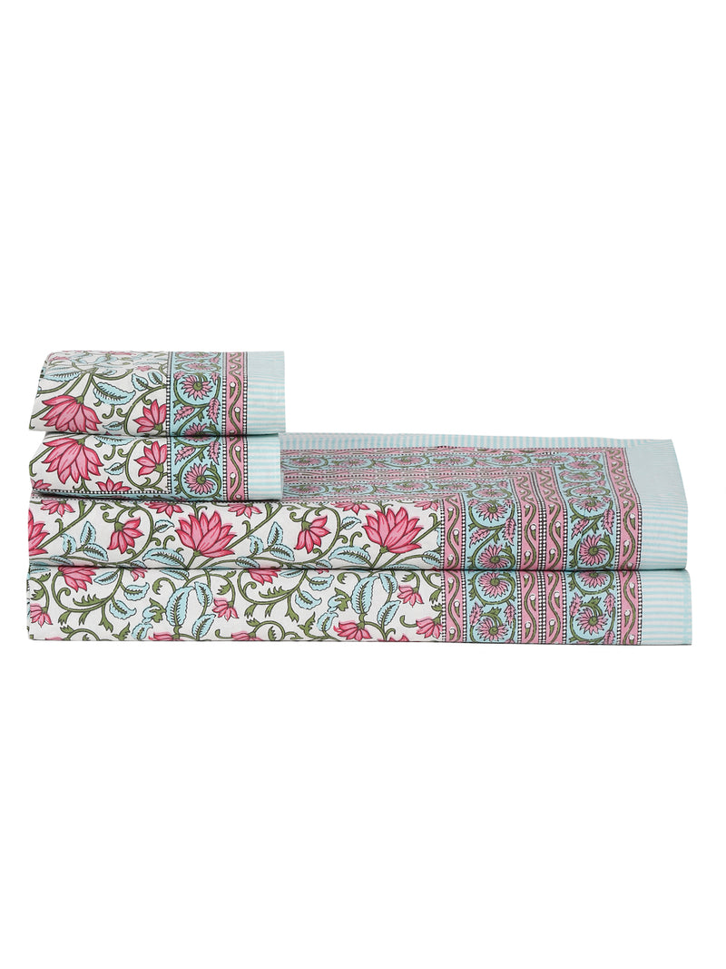 White and Pink Cotton Floral Print King Bed sheet with 2 Pillow Covers