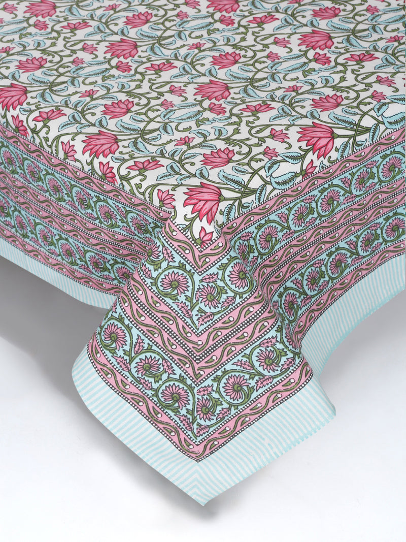 White and Pink Cotton Floral Print King Bed sheet with 2 Pillow Covers