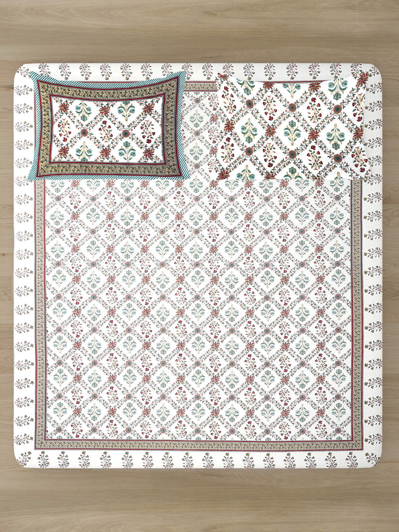 Rajasthan Decor White Cotton Floral Print Queen Bed sheet with 2 Pillow Covers