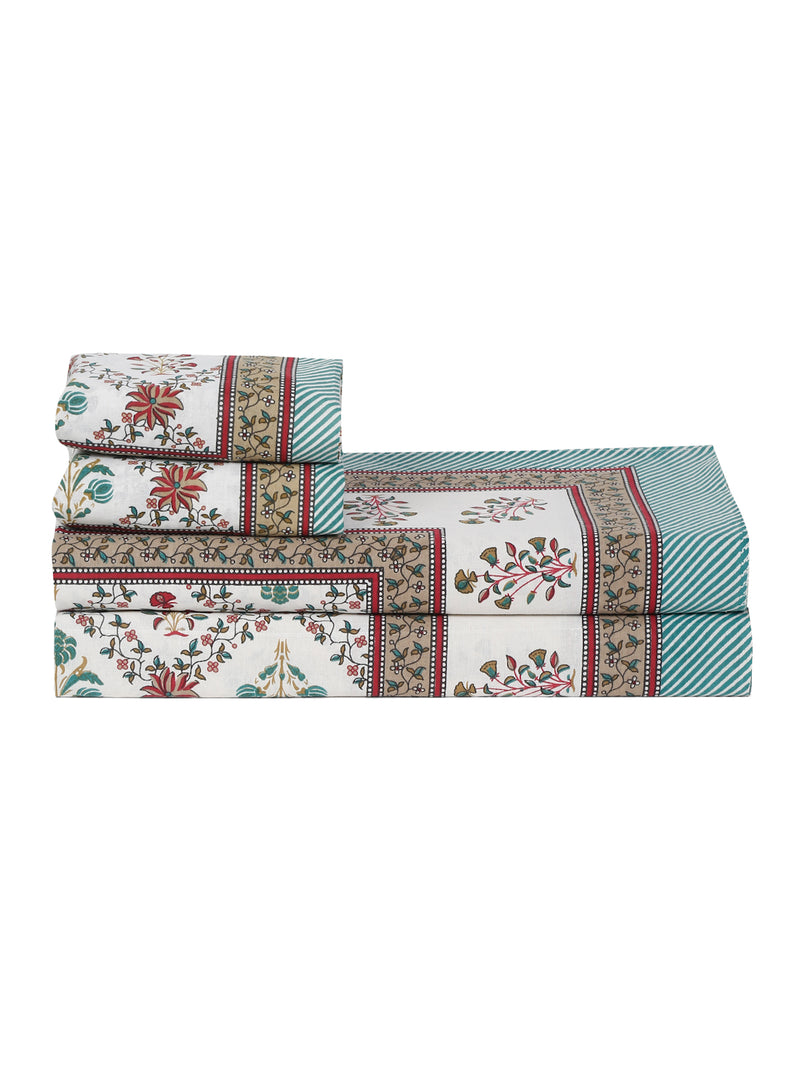 Rajasthan Decor White Cotton Floral Print Queen Bed sheet with 2 Pillow Covers