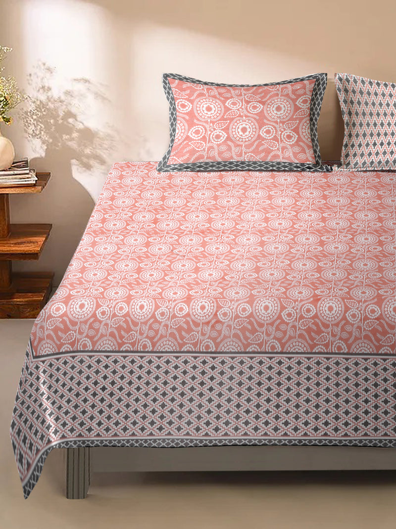 Pink Color Cotton Floral Print King Bed sheet with 2 Pillow Covers