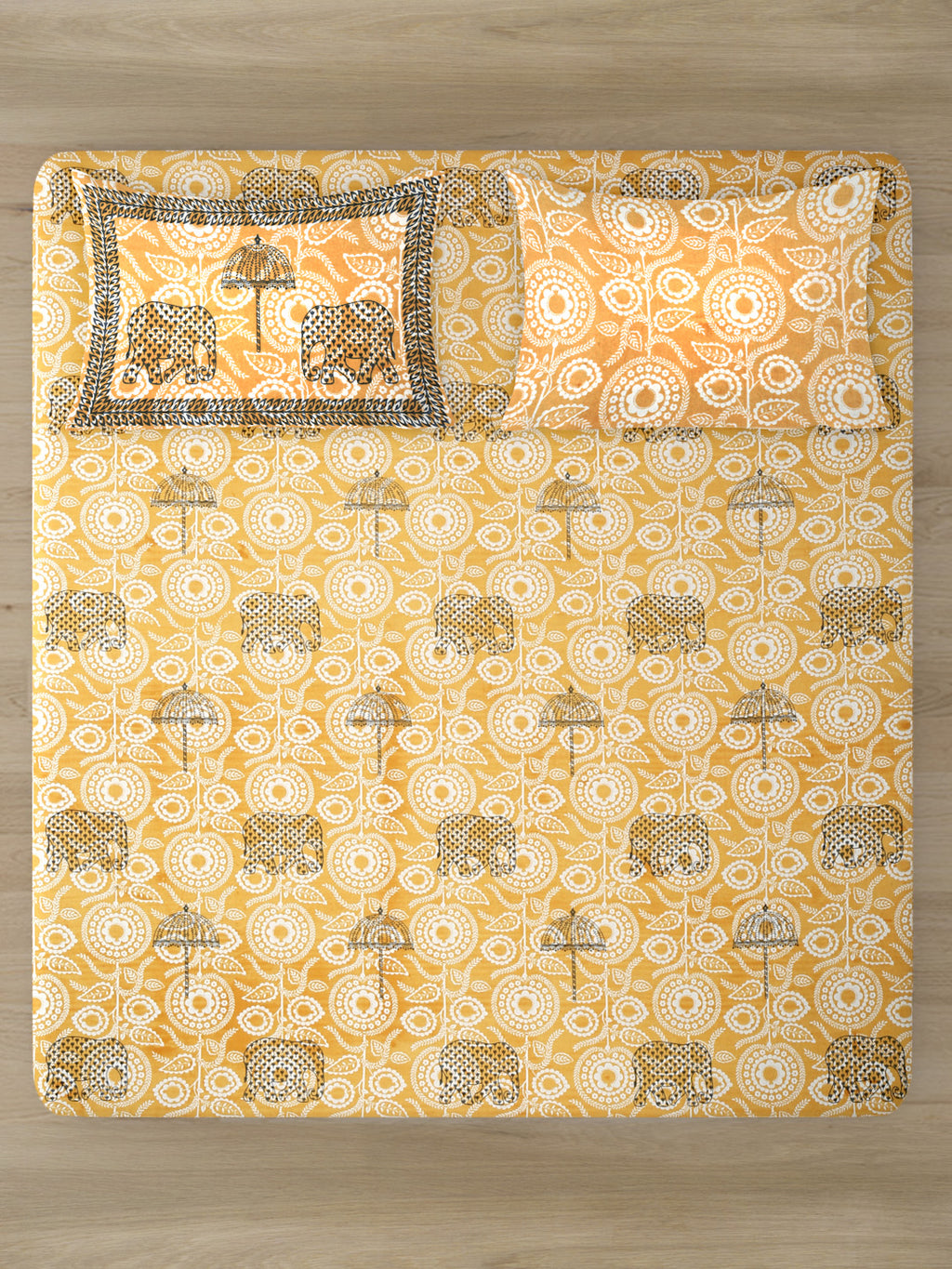 Rajasthan Decor Yellow Color Cotton Queen Bed sheet with 2 Pillow Cove