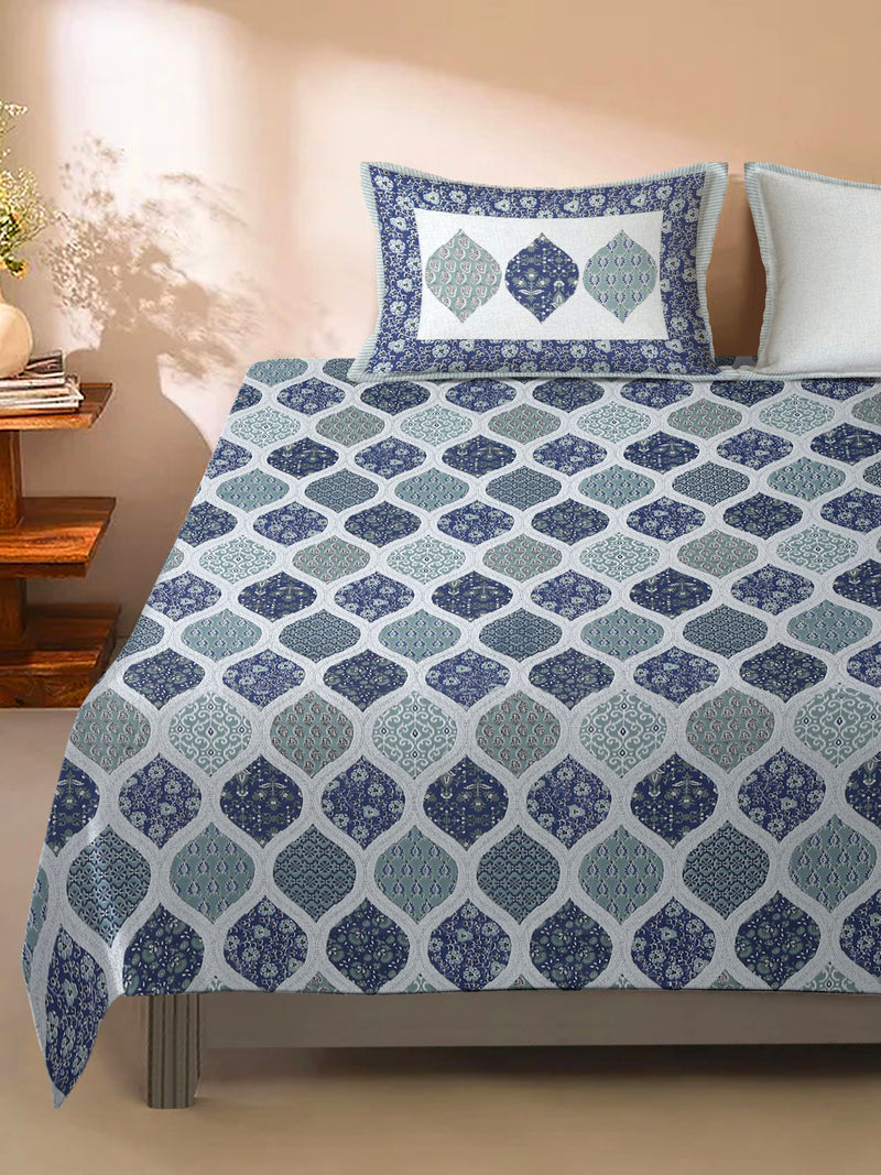 Blue Color Geometric Print Cotton King Size Bed sheet with 2 Pillow Covers
