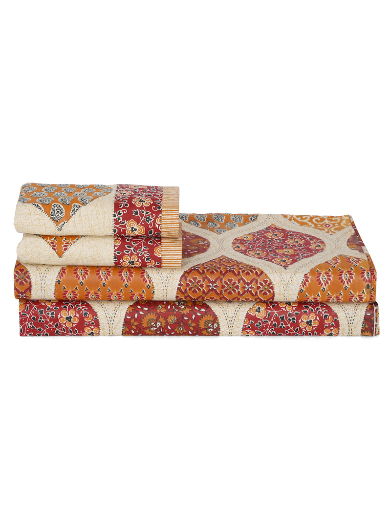 Rajasthan Decor Orange Color Geometric Print Cotton King Size Bed sheet with 2 Pillow Covers