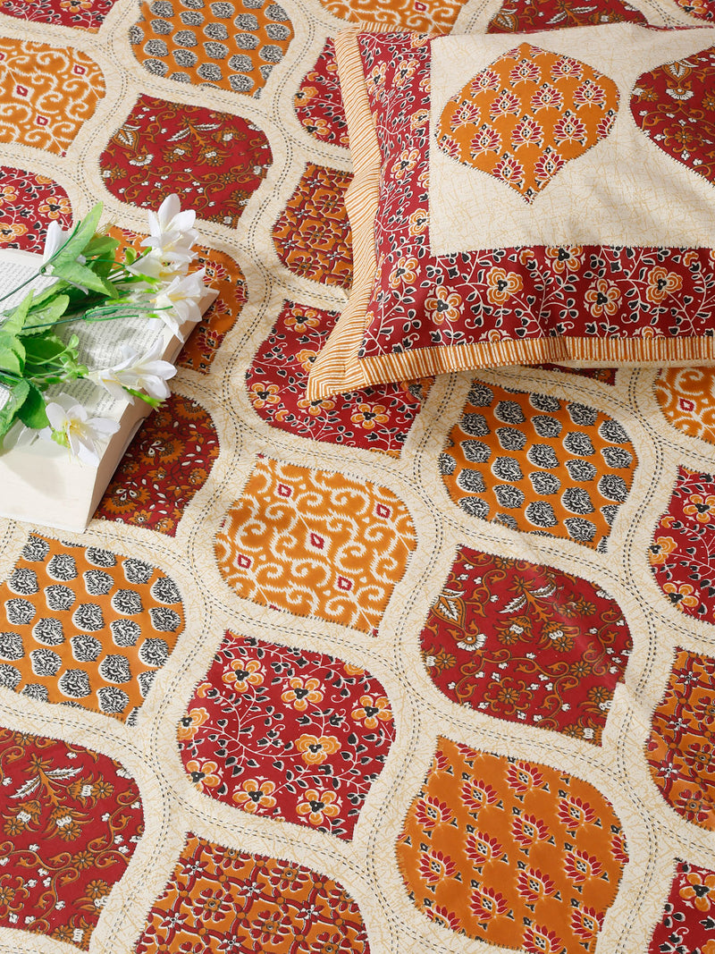 Rajasthan Decor Orange Color Geometric Print Cotton King Size Bed sheet with 2 Pillow Covers