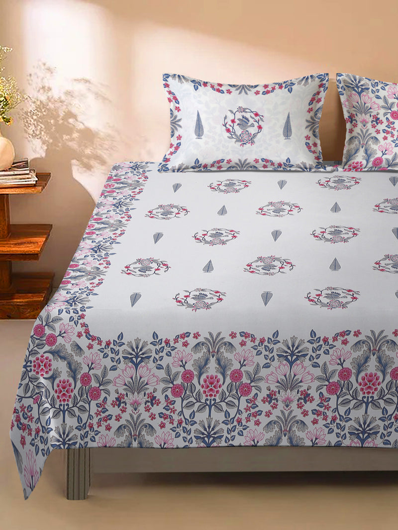 White Color Peach Floral Print Cotton King Size Bed sheet with 2 Pillow Covers