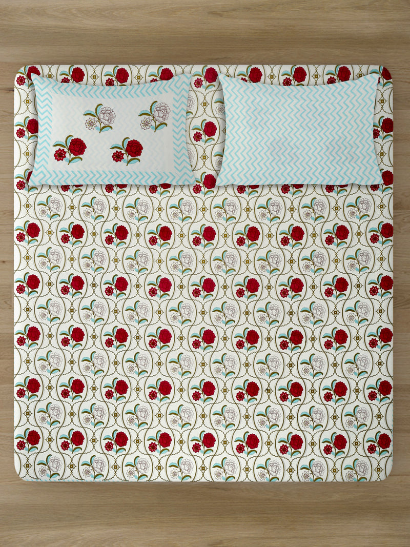 Floral Print Red Flower  Cotton King Size Bed sheet with 2 Pillow Covers
