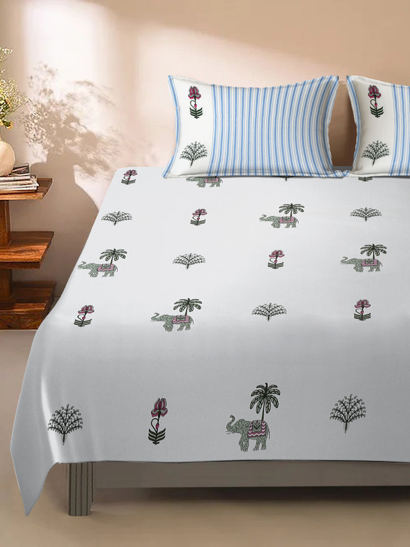 Elephant Print White Cotton King Size Bed Sheet with 2 Pillow Covers