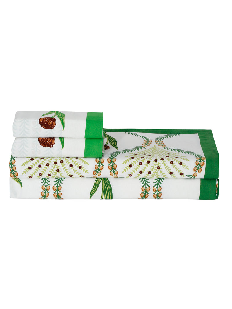 White and Green Floral Print Cotton King Size Bed sheet with 2 Pillow Covers