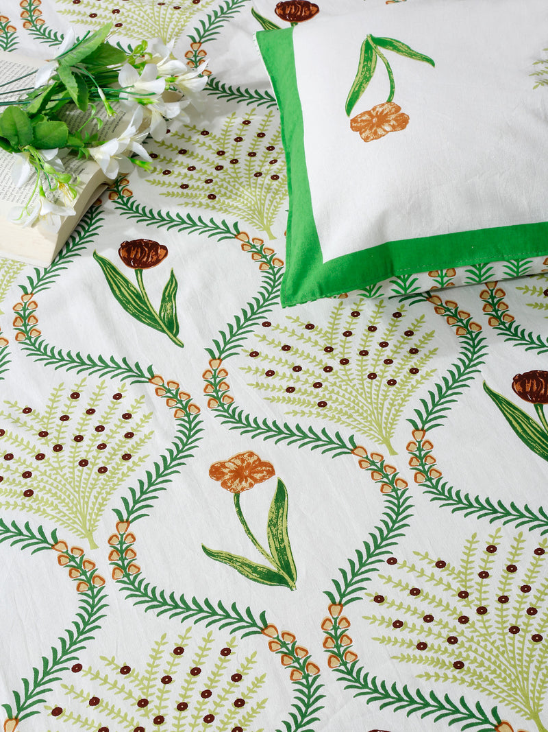 White and Green Floral Print Cotton King Size Bed sheet with 2 Pillow Covers