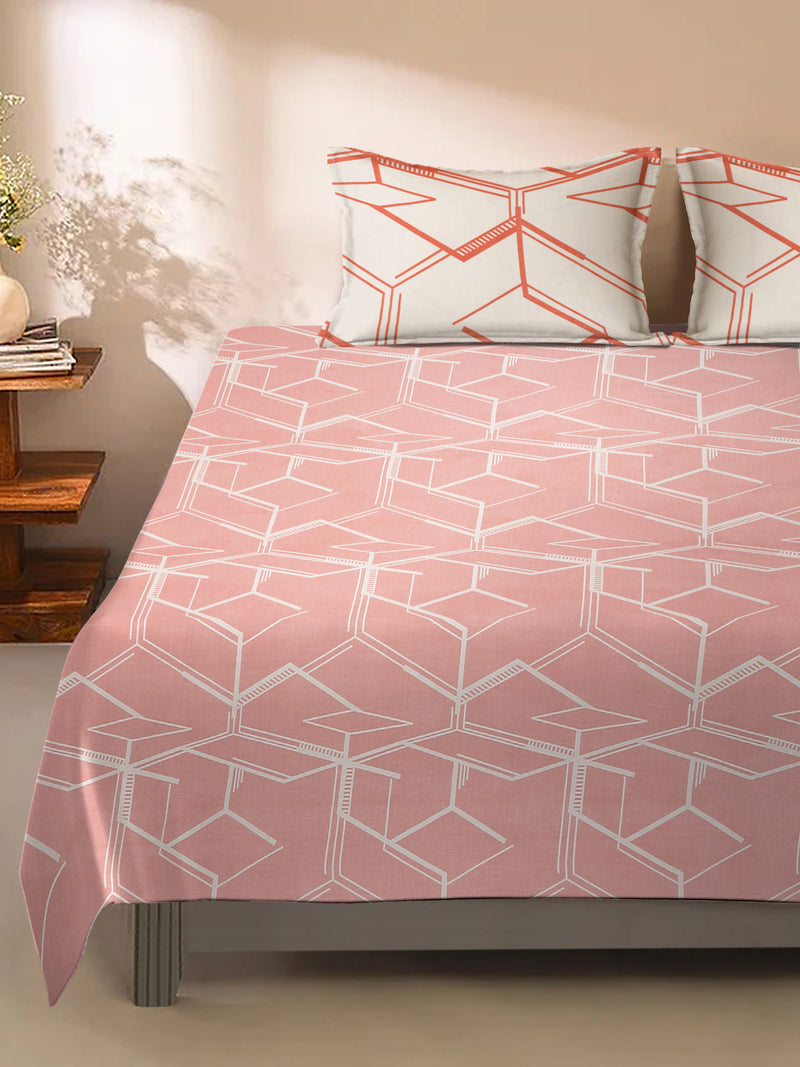 Peach Color Abstract Print Cotton King Size Bed sheet with 2 Pillow Covers