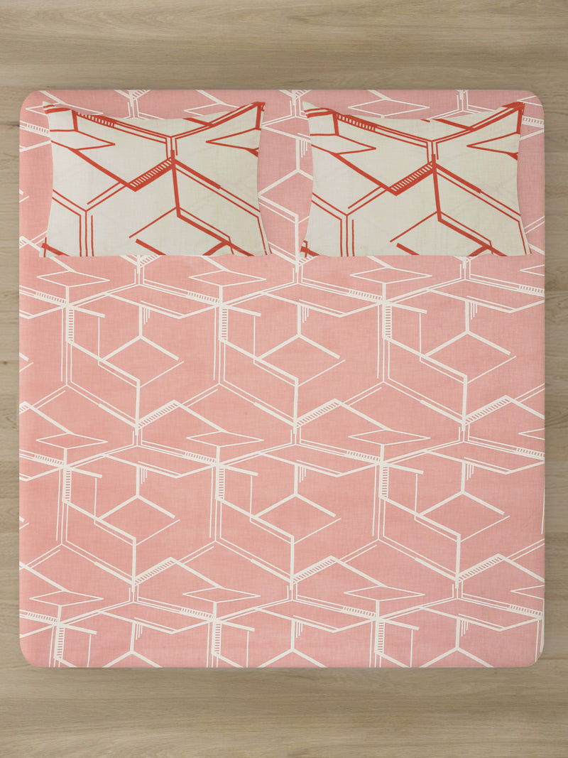 Peach Color Abstract Print Cotton King Size Bed sheet with 2 Pillow Covers