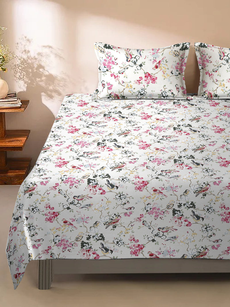 Floral Print White Color King Size Cotton Bed Sheet with 2 Pillow Covers