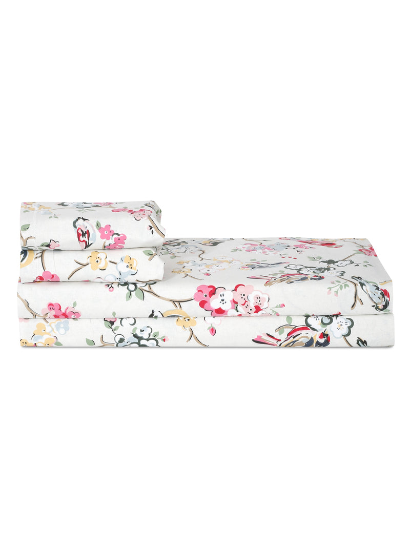 Floral Print White Color King Size Cotton Bed Sheet with 2 Pillow Covers