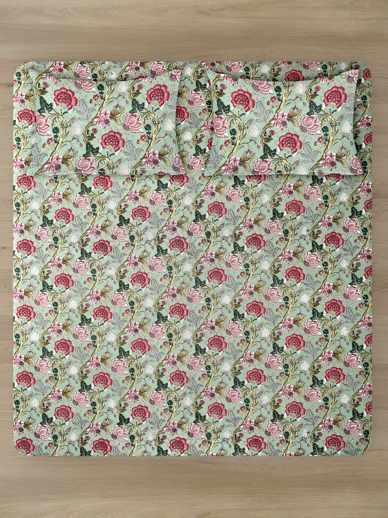 Pink Floral Print Green Color King Size Bed Sheet with 2 Pillow Covers