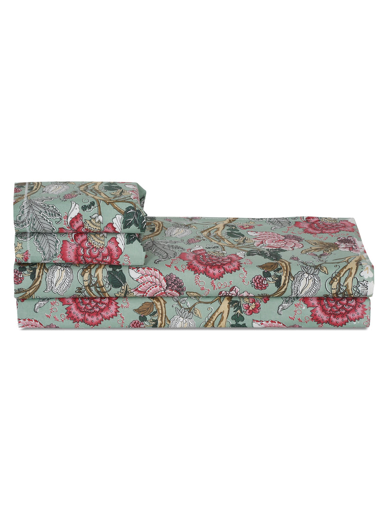 Pink Floral Print Green Color King Size Bed Sheet with 2 Pillow Covers