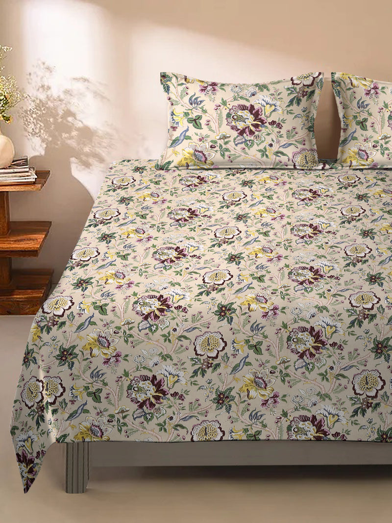Floral Print Beige Color King Size Cotton Bed Sheet with 2 Pillow Covers