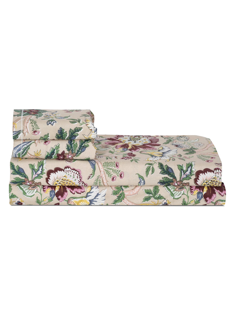 Floral Print Beige Color King Size Cotton Bed Sheet with 2 Pillow Covers