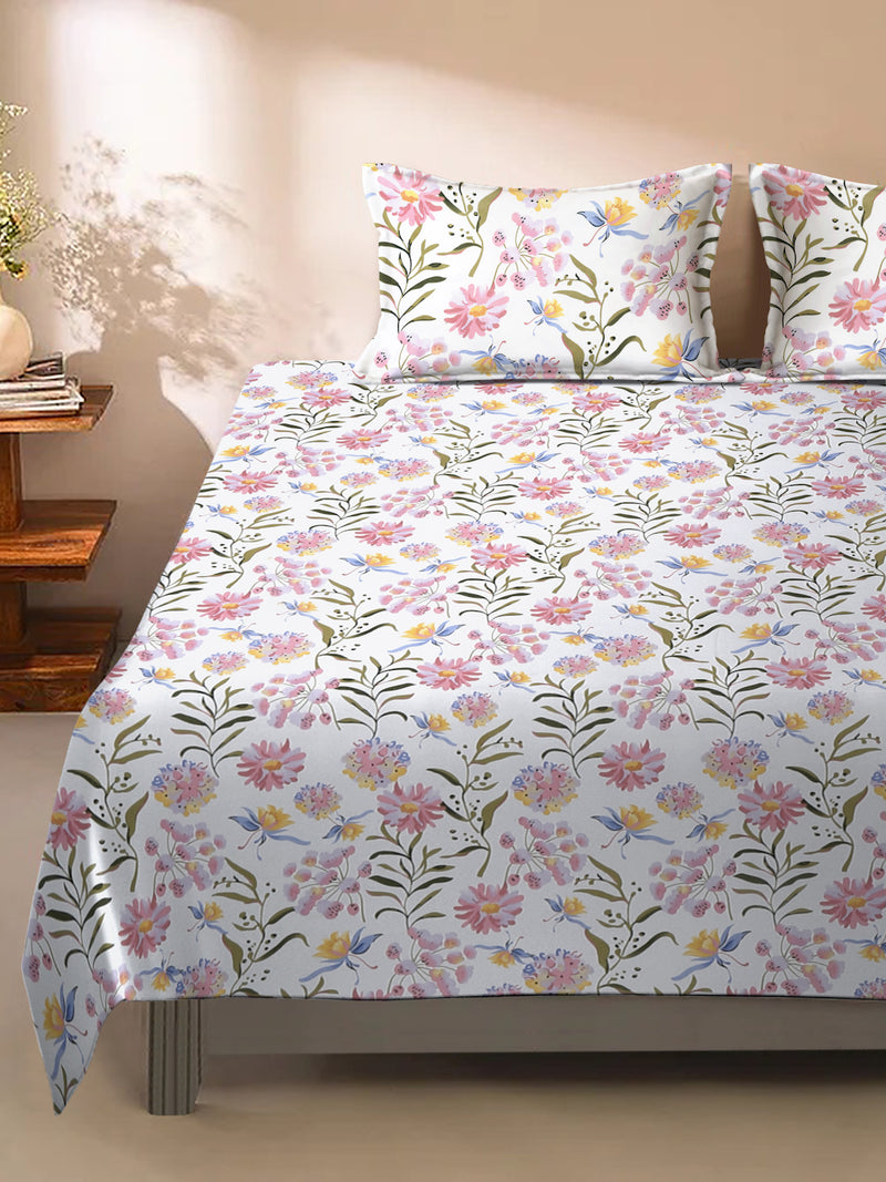 Floral Print White and Pink Color King Size Bed Sheet with 2 Pillow Covers