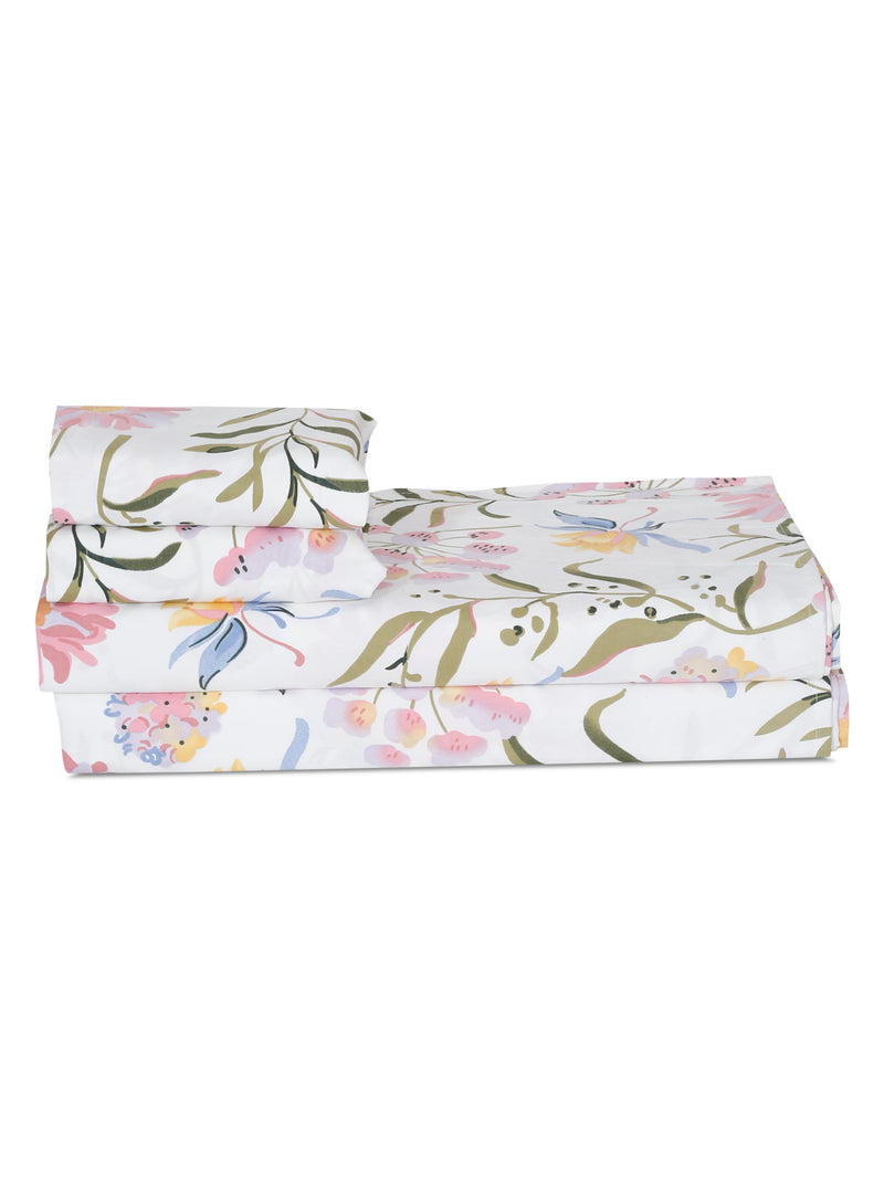 Floral Print White and Pink Color King Size Bed Sheet with 2 Pillow Covers