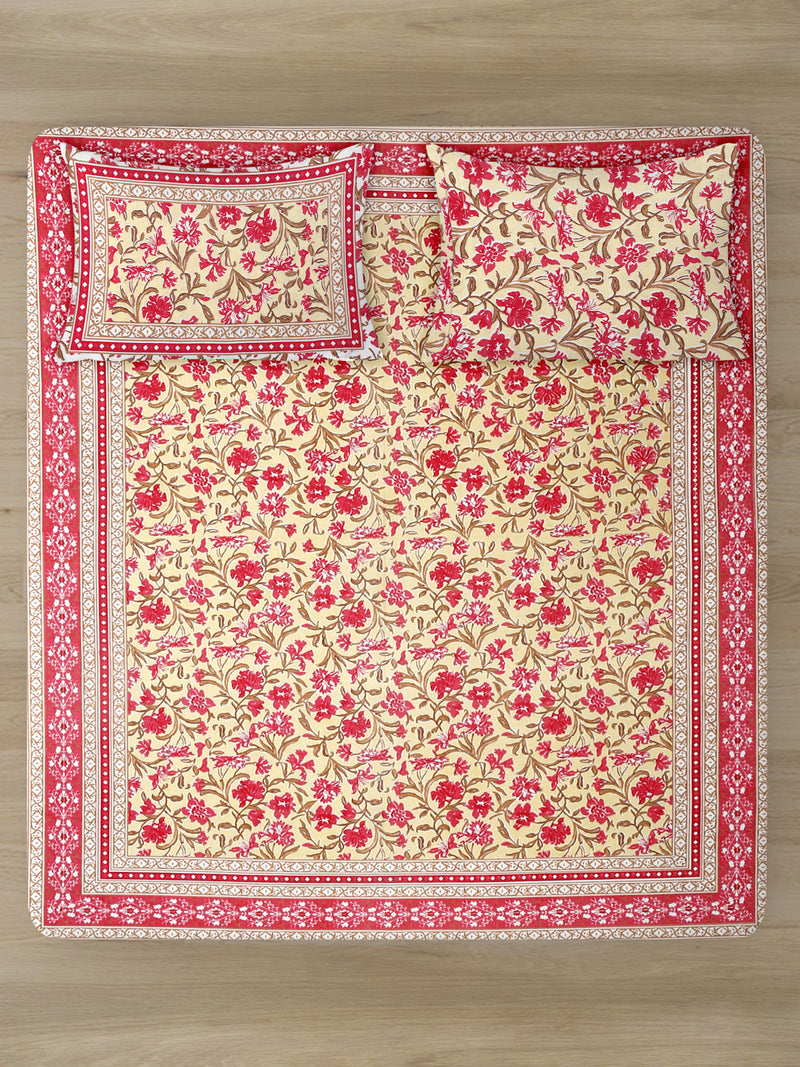 Floral Print Pink Color Cotton Double Bed Sheet with 2 Pillow Covers