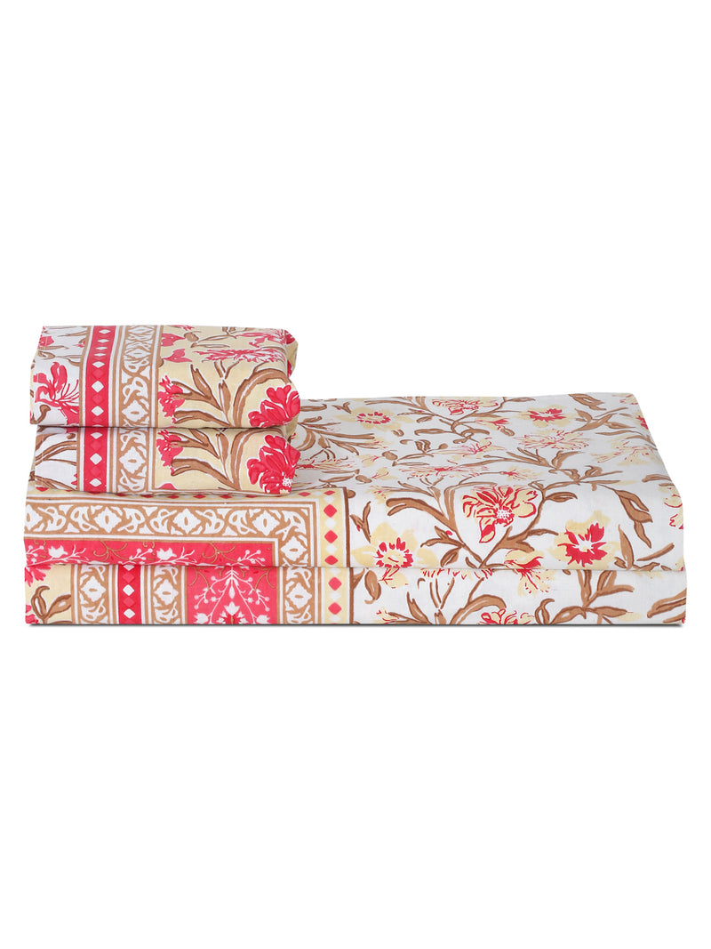 Floral Print Pink Color Cotton Double Bed Sheet with 2 Pillow Covers