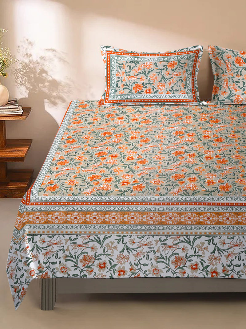 Floral Print Orange Color Cotton Double Bed Sheet with 2 Pillow Covers