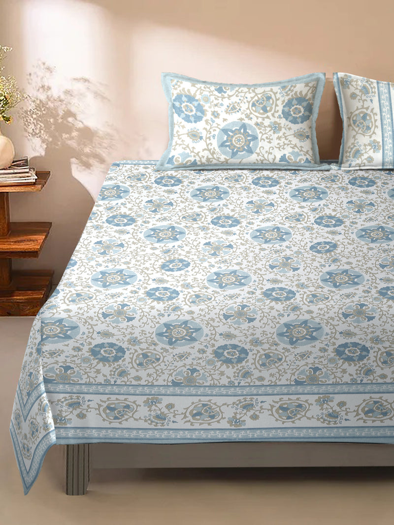 Rajasthan Decor Floral Print White and Blue King Size Bed Sheet with 2 Pillow Covers