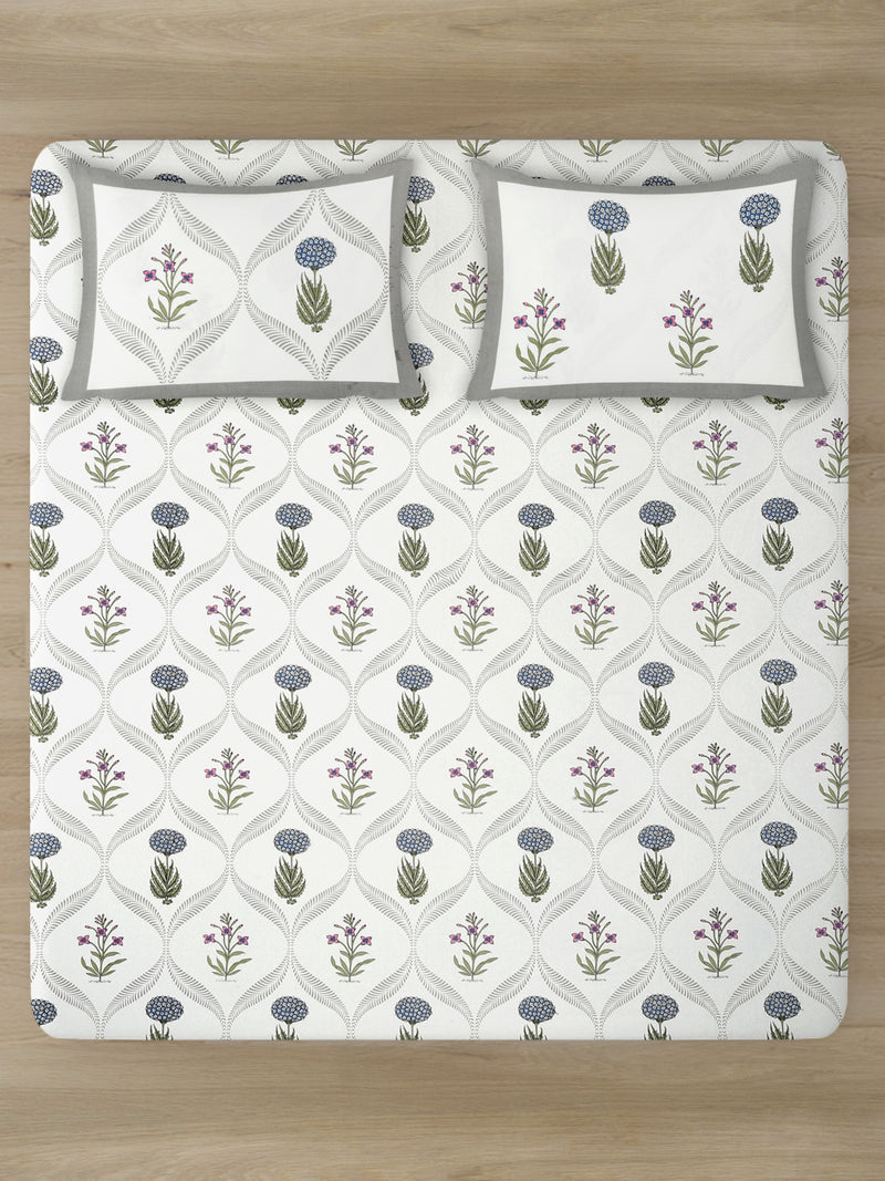 Rajasthan Decor Floral Print White and Green King Size Bed Sheet with 2 Pillow Covers