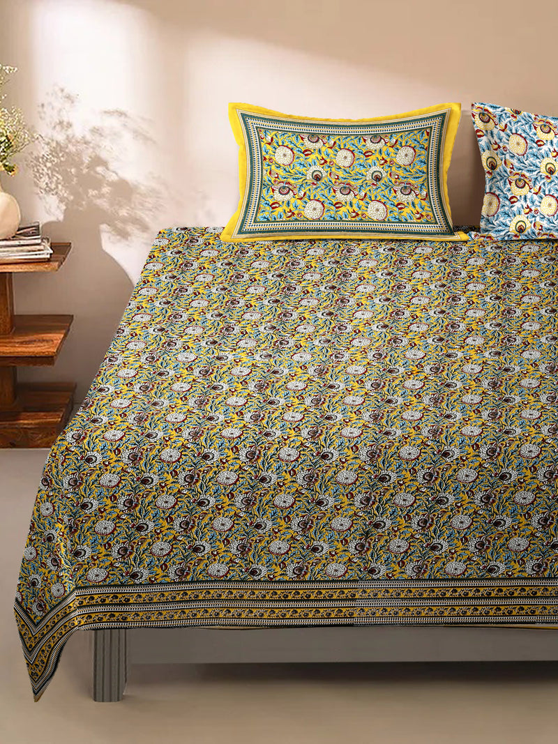 Rajasthan Decor Yellow Floral Print Cotton King Bed Sheet with 2 Pillow Covers