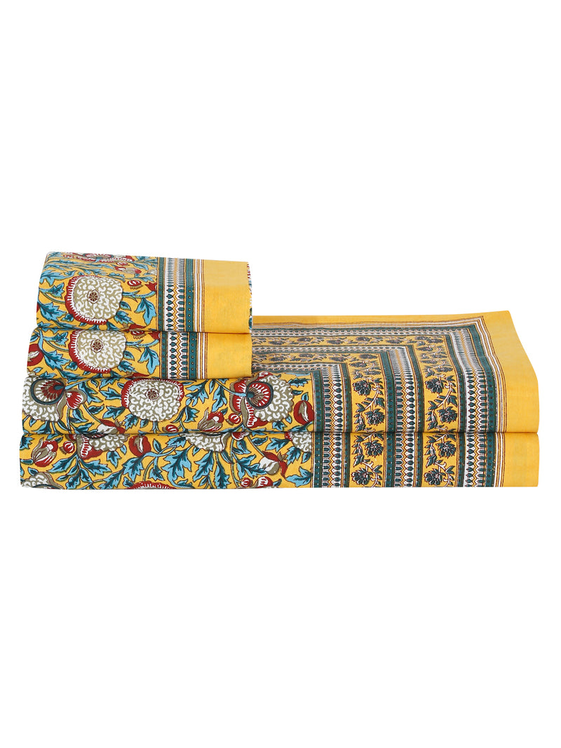 Rajasthan Decor Yellow Floral Print Cotton King Bed Sheet with 2 Pillow Covers