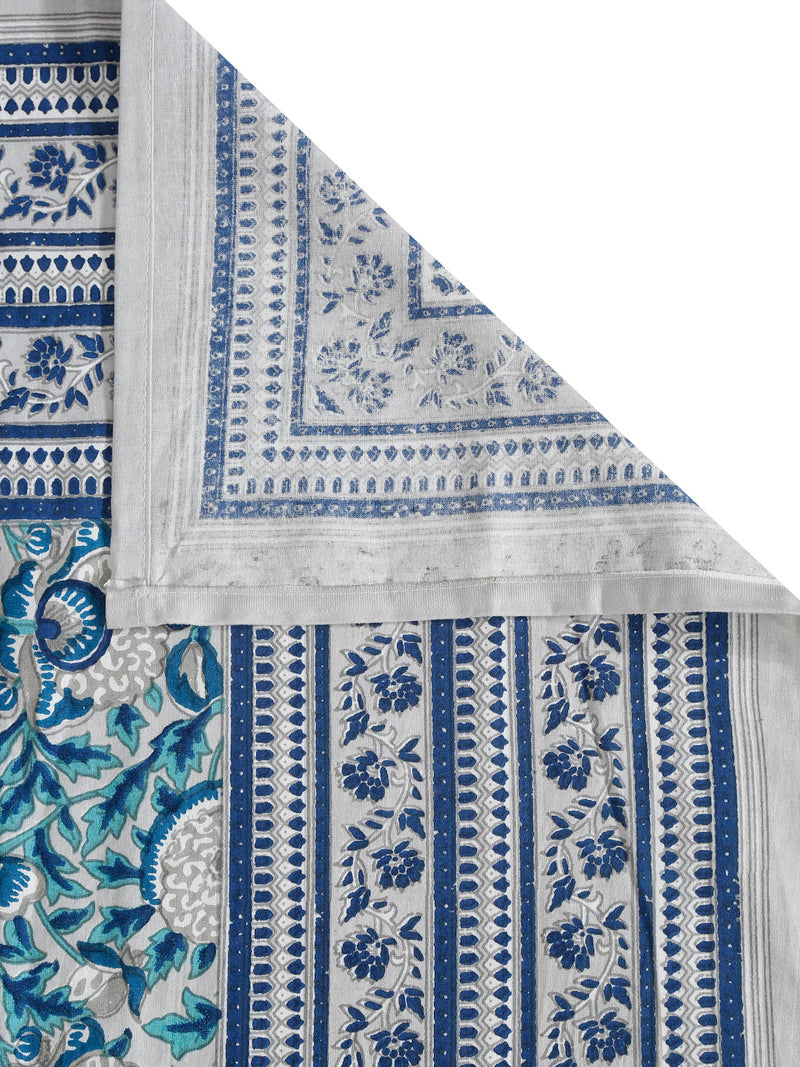 Rajasthan Decor White and Blue Floral Print Cotton King Bed Sheet with 2 Pillow Covers