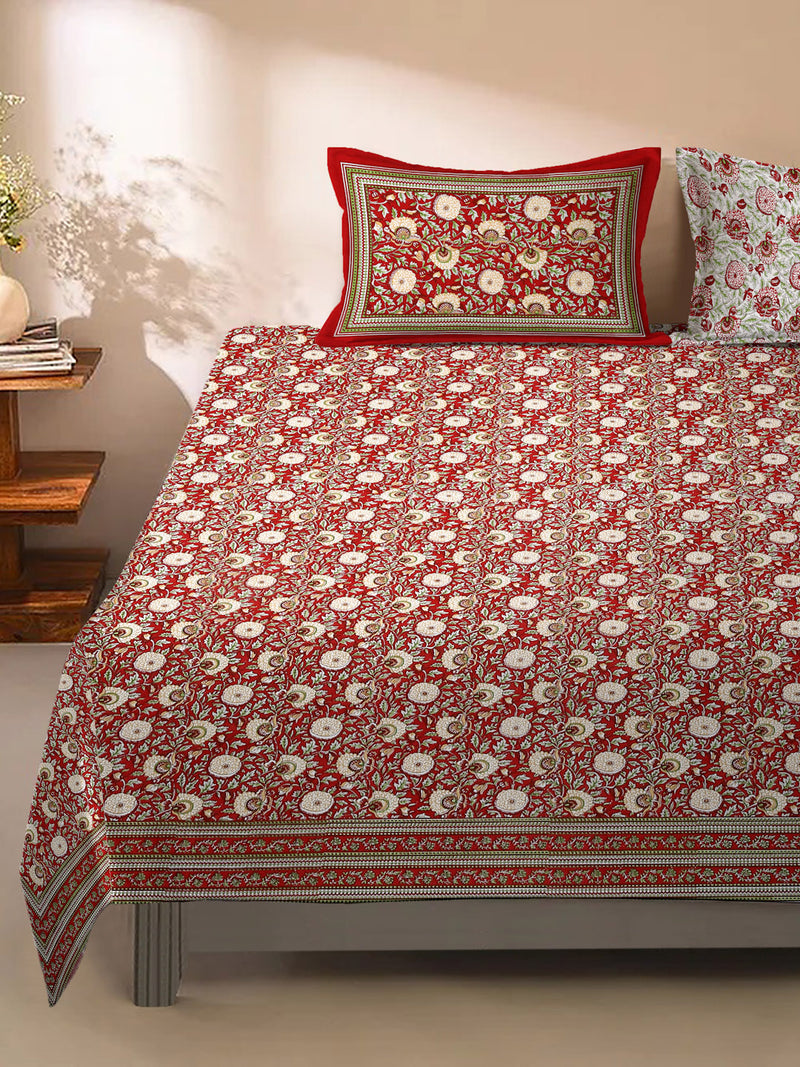 Rajasthan Decor Red Floral Print Cotton King Bed Sheet with 2 Pillow Covers