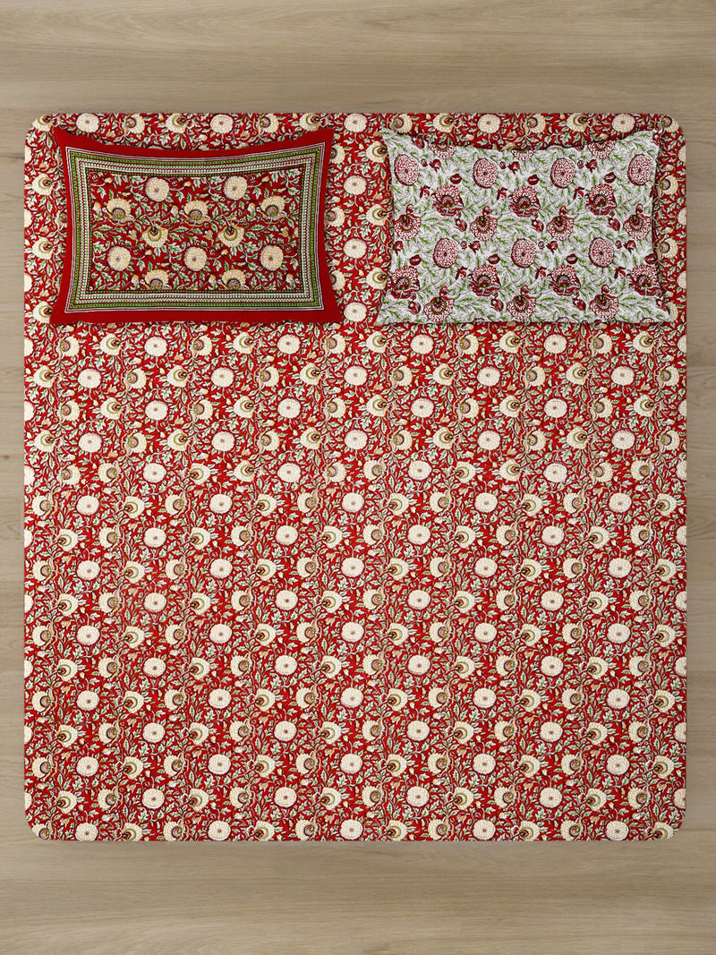Rajasthan Decor Red Floral Print Cotton King Bed Sheet with 2 Pillow Covers