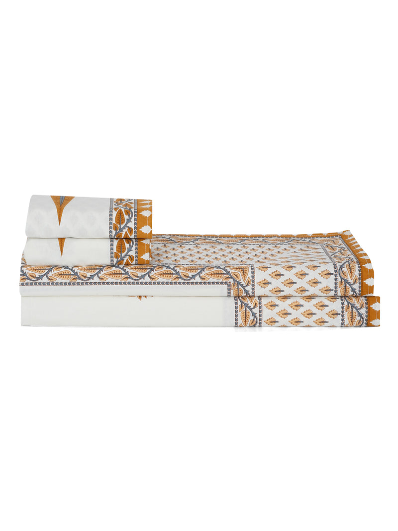 Rajasthan Decor White and Orange Ethnic Motif Cotton King Bed Sheet with 2 Pillow Covers