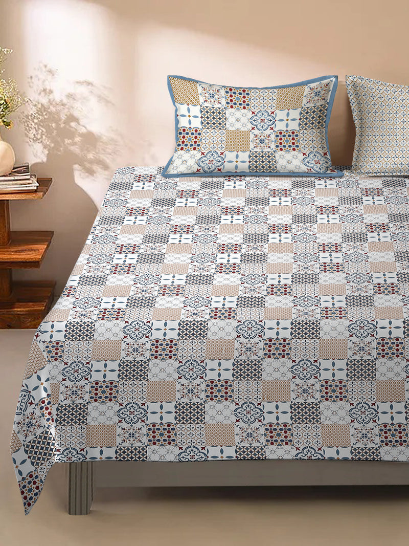 Rajasthan Decor Multi Colored Geometric Print Cotton King Bed Sheet with 2 Pillow Covers