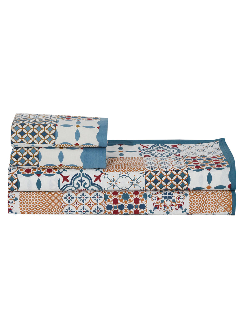 Rajasthan Decor Multi Colored Geometric Print Cotton King Bed Sheet with 2 Pillow Covers