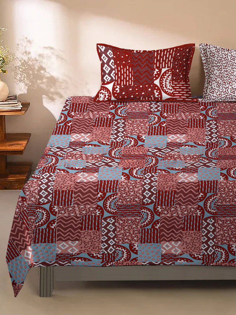 Rajasthan Décor Red Geometric Print Cotton King Bed Sheet with 2 Pillow Covers