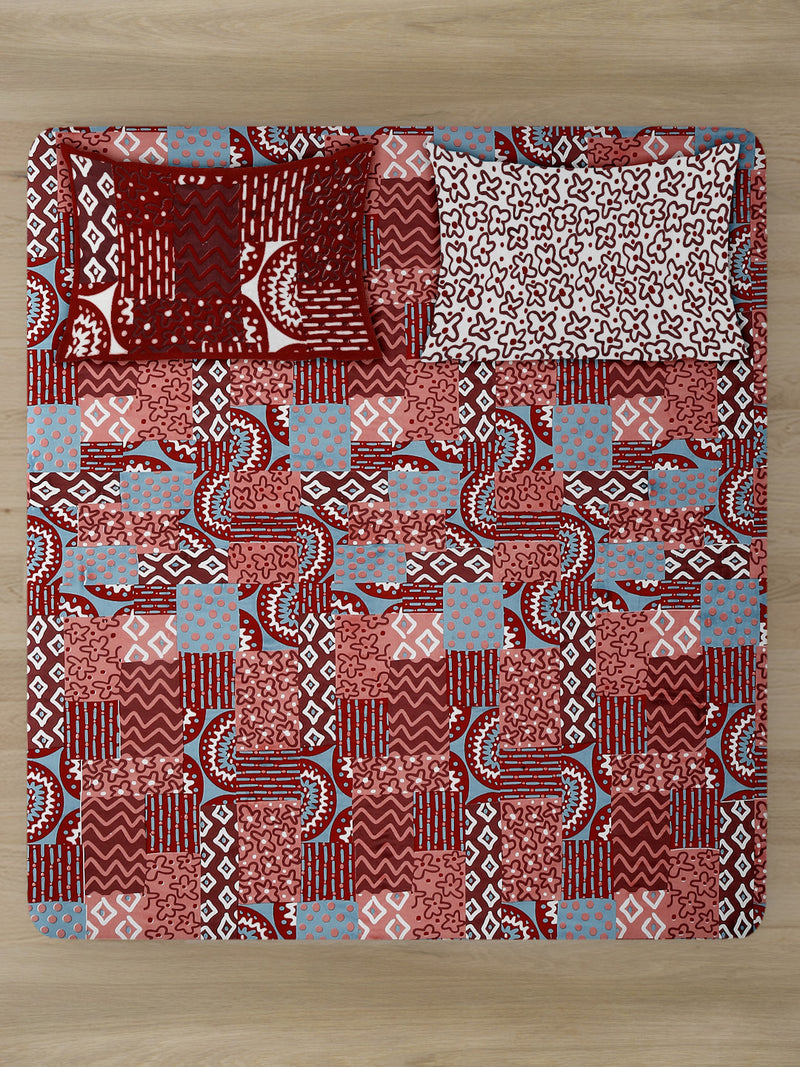 Rajasthan Décor Red Geometric Print Cotton King Bed Sheet with 2 Pillow Covers