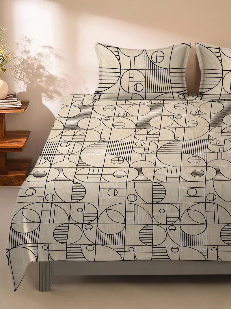 Beige Abstract Print 180 TC Cotton King Bed sheet with 2 Pillow Covers