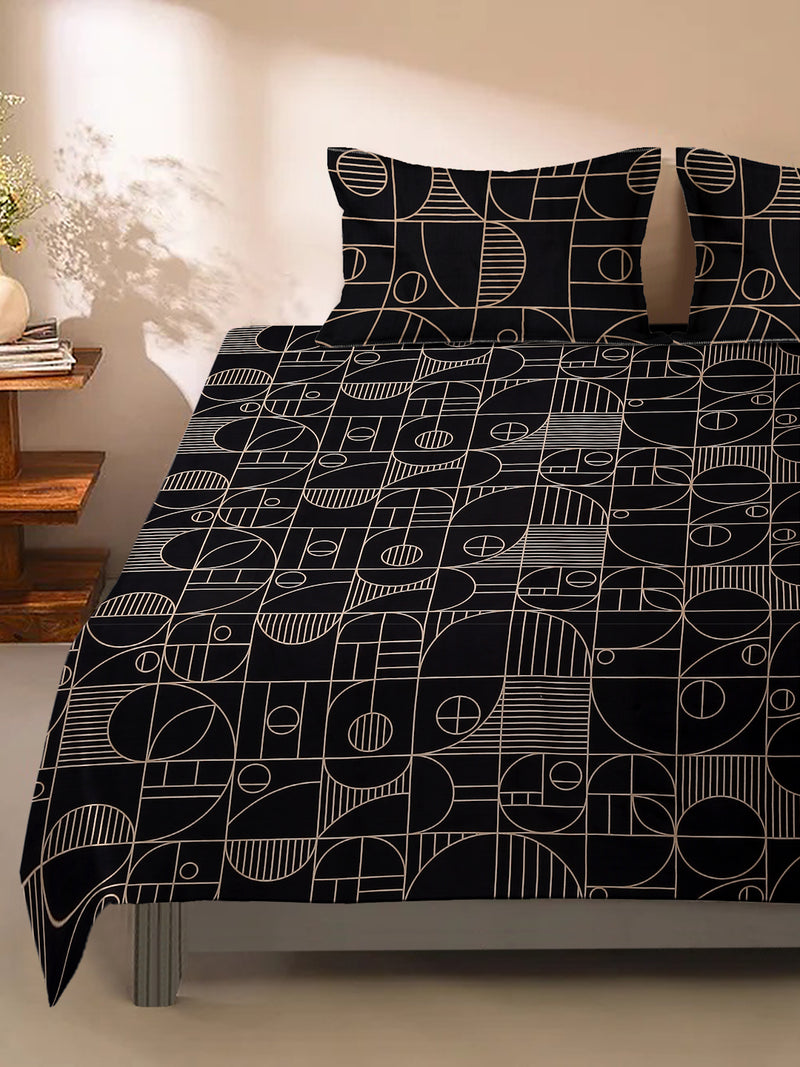 Black Abstract Print 180 TC Cotton King Bed sheet with 2 Pillow Covers