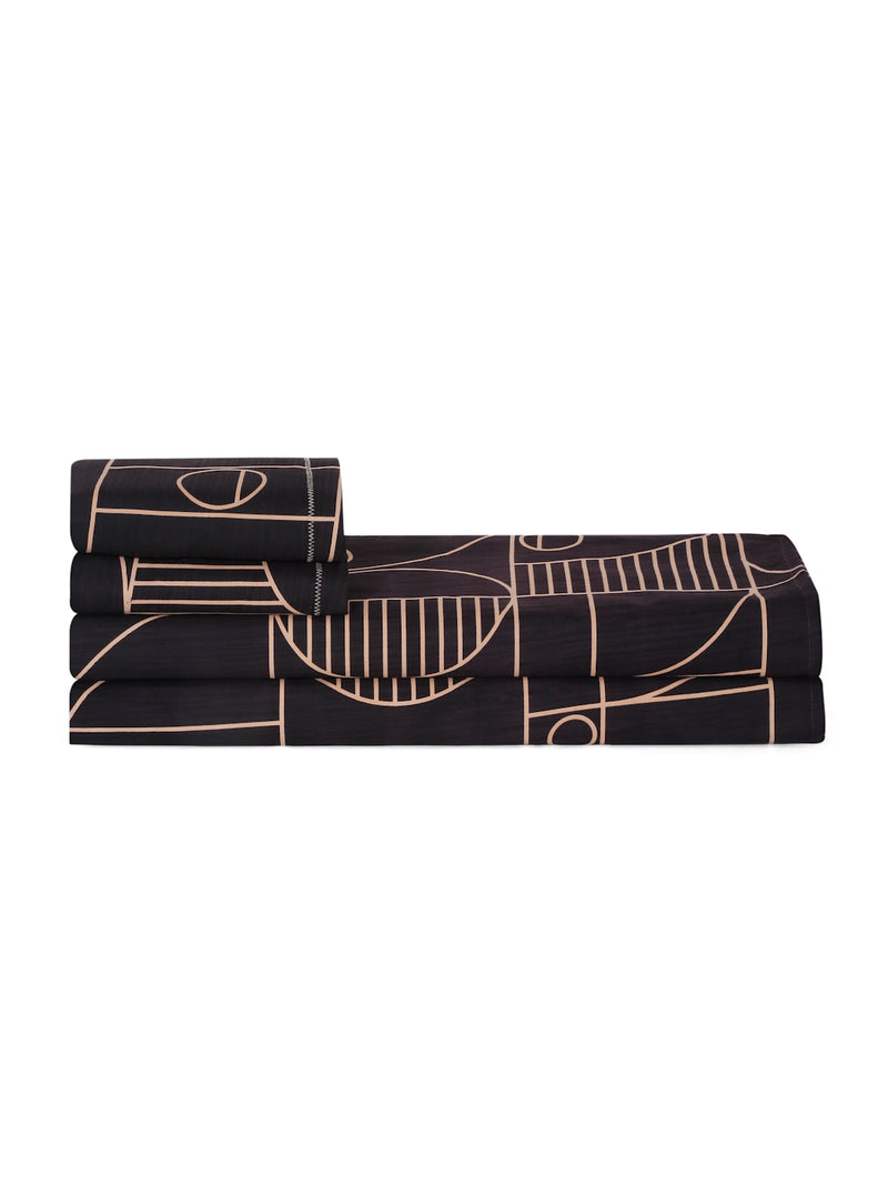 Black Abstract Print 180 TC Cotton King Bed sheet with 2 Pillow Covers