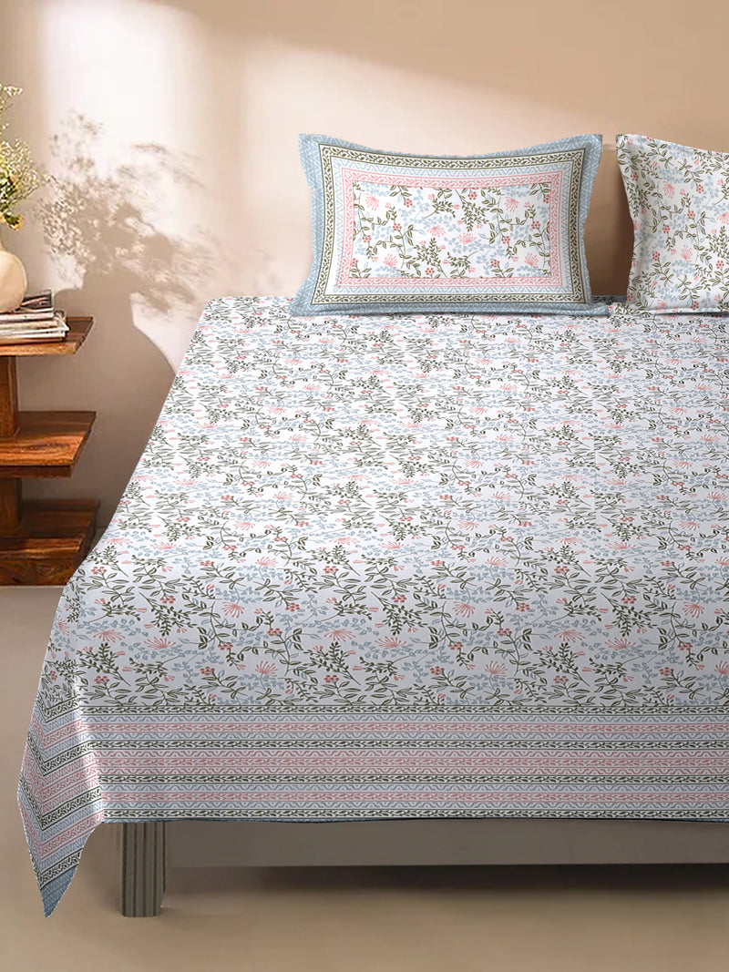 White Floral Print 144 TC Cotton Double Bed sheet with 2 Pillow Covers