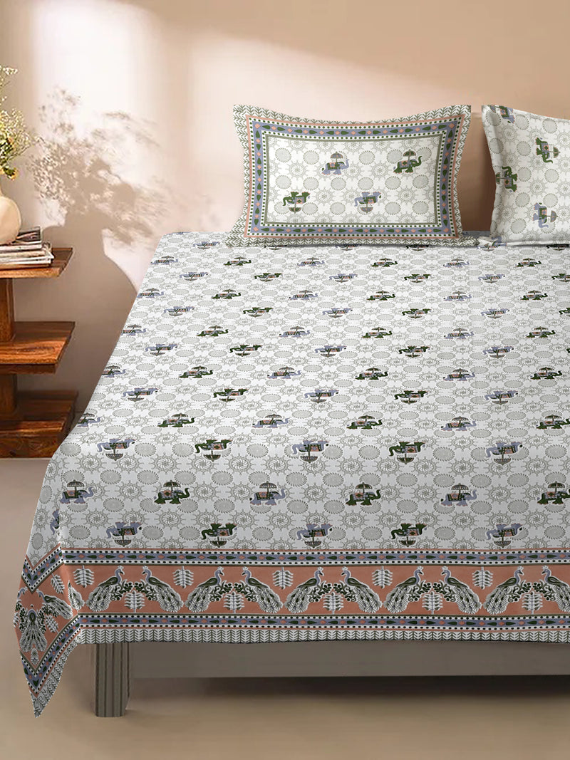 White and Peach Ethnic Motif 200 TC  Cotton King Bed Sheet with 2 Pillow Covers