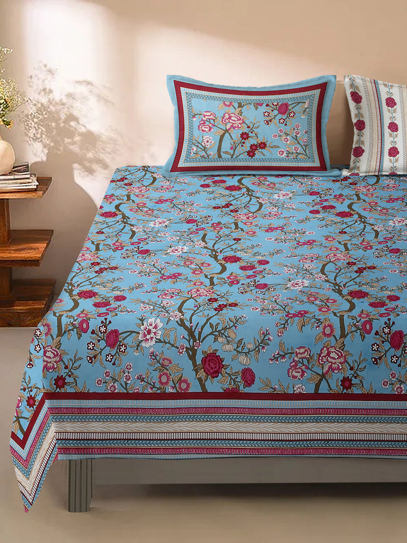 Blue Floral Print 180 TC Cotton King Bed sheet with 2 Pillow Covers